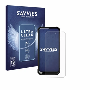 Vorderseite einer Produktverpackung mit dem Markenlogo Savvies. Daneben ist das Gerät Oukitel WP23 mit dem zugehörigen Display