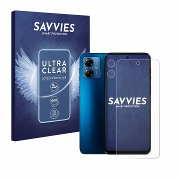 Vorderseite einer Produktverpackung mit dem Markenlogo Savvies. Daneben ist das Gerät Motorola Moto G14 (Display+Kamera) mit d