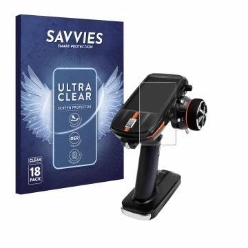 Vorderseite einer Produktverpackung mit dem Markenlogo Savvies. Daneben ist das Gerät RadioLink RC8X mit dem zugehörigen Displ