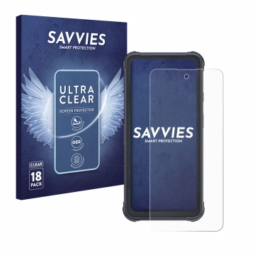 Vorderseite einer Produktverpackung mit dem Markenlogo Savvies. Daneben ist das Gerät Cubot King Kong 8 mit dem zugehörigen Di