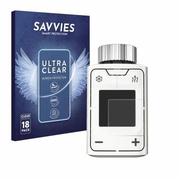 Vorderseite einer Produktverpackung mit dem Markenlogo Savvies. Daneben ist das Gerät AVM FRITZ!DECT 302 mit dem zugehörigen D