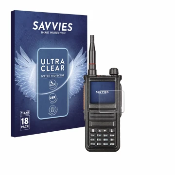Vorderseite einer Produktverpackung mit dem Markenlogo Savvies. Daneben ist das Gerät Radtel RT-470X mit dem zugehörigen Displ
