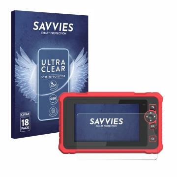 Vorderseite einer Produktverpackung mit dem Markenlogo Savvies. Daneben ist das Gerät Launch CRP 359 mit dem zugehörigen Displ