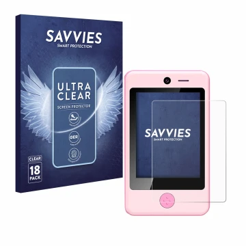 Vorderseite einer Produktverpackung mit dem Markenlogo Savvies. Daneben ist das Gerät Pthtechus Children’s Smartphone mit dem 