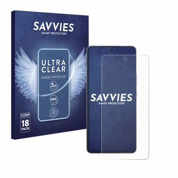 Vorderseite einer Produktverpackung mit dem Markenlogo Savvies. Daneben ist das Gerät Vivo iQOO 12 mit dem zugehörigen Display