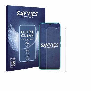 Vorderseite einer Produktverpackung mit dem Markenlogo Savvies. Daneben ist das Gerät Tecno Spark 7 mit dem zugehörigen Displa