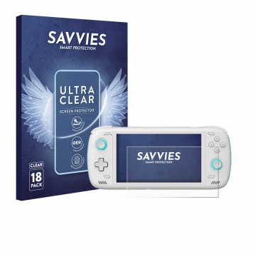 Vorderseite einer Produktverpackung mit dem Markenlogo Savvies. Daneben ist das Gerät AYN Odin 2 mit dem zugehörigen Displaysc