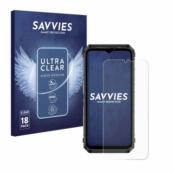 Vorderseite einer Produktverpackung mit dem Markenlogo Savvies. Daneben ist das Gerät Ulefone Power Armor 18T Ultra mit dem zu
