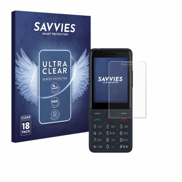 Vorderseite einer Produktverpackung mit dem Markenlogo Savvies. Daneben ist das Gerät TCL Onetouch 4022s mit dem zugehörigen D