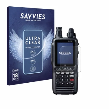 Vorderseite einer Produktverpackung mit dem Markenlogo Savvies. Daneben ist das Gerät Yaesu FTA-850L mit dem zugehörigen Displ
