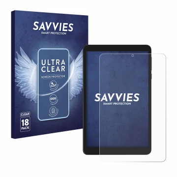 Vorderseite einer Produktverpackung mit dem Markenlogo Savvies. Daneben ist das Gerät Doogee T20 Mini mit dem zugehörigen Disp