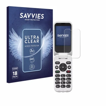 Vorderseite einer Produktverpackung mit dem Markenlogo Savvies. Daneben ist das Gerät Doro 6820 mit dem zugehörigen Displaysch