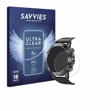 Vorderseite einer Produktverpackung mit dem Markenlogo Savvies. Daneben ist das Gerät Lemfo Smartwatch 1.39