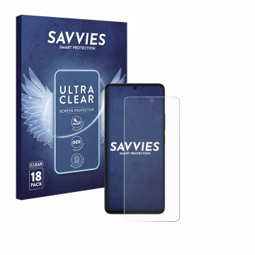 Vorderseite einer Produktverpackung mit dem Markenlogo Savvies. Daneben ist das Gerät Xiaomi Poco X6 Pro mit dem zugehörigen D