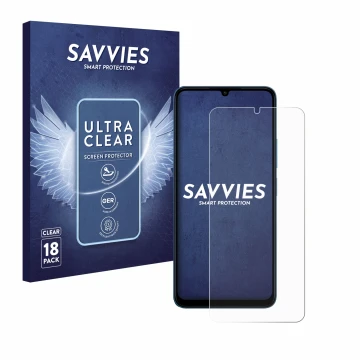 Vorderseite einer Produktverpackung mit dem Markenlogo Savvies. Daneben ist das Gerät Xiaomi Redmi 13C 5G mit dem zugehörigen 