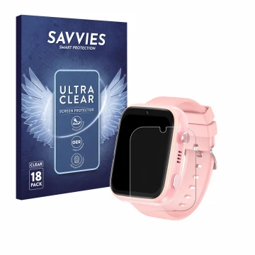 Vorderseite einer Produktverpackung mit dem Markenlogo Savvies. Daneben ist das Gerät jianyana 4G Kids Smartwatch mit dem zuge
