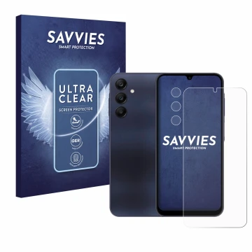 Vorderseite einer Produktverpackung mit dem Markenlogo Savvies. Daneben ist das Gerät Samsung Galaxy A25 5G (Display+Kamera) m