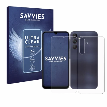 Vorderseite einer Produktverpackung mit dem Markenlogo Savvies. Daneben ist das Gerät Samsung Galaxy A25 5G (Display+Rückseite