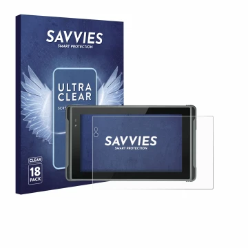 Vorderseite einer Produktverpackung mit dem Markenlogo Savvies. Daneben ist das Gerät Hugerock X7 mit dem zugehörigen Displays