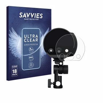Vorderseite einer Produktverpackung mit dem Markenlogo Savvies. Daneben ist das Gerät Profoto B10X mit dem zugehörigen Display