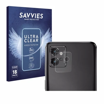 Vorderseite einer Produktverpackung mit dem Markenlogo Savvies. Daneben ist das Gerät Motorola Moto G32 (NUR Kameraschutz) mit