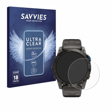 Vorderseite einer Produktverpackung mit dem Markenlogo Savvies. Daneben ist das Gerät Garmin D2 Mach 1 Pro mit dem zugehörigen