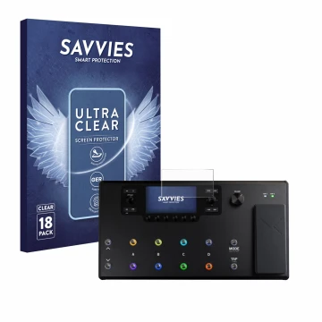Vorderseite einer Produktverpackung mit dem Markenlogo Savvies. Daneben ist das Gerät Line 6 Helix LT mit dem zugehörigen Disp