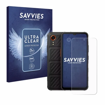 Vorderseite einer Produktverpackung mit dem Markenlogo Savvies. Daneben ist das Gerät Samsung Galaxy XCover 7 (Display+Kamera)