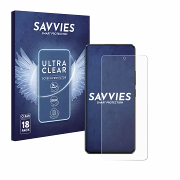 Vorderseite einer Produktverpackung mit dem Markenlogo Savvies. Daneben ist das Gerät Xiaomi Poco X6 mit dem zugehörigen Displ