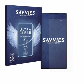 Vorderseite einer Produktverpackung mit dem Markenlogo Savvies. Daneben ist das Gerät ZTE Nubia Red Magic 8 Pro mit dem zugehö