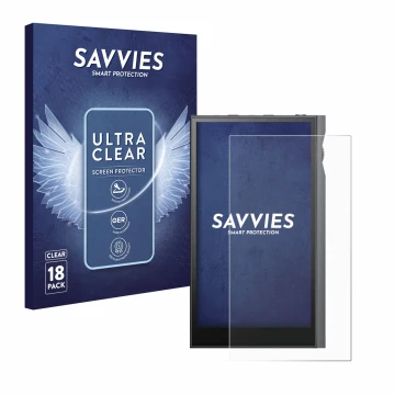Vorderseite einer Produktverpackung mit dem Markenlogo Savvies. Daneben ist das Gerät Astell&Kern Kann Ultra mit dem zugehörig