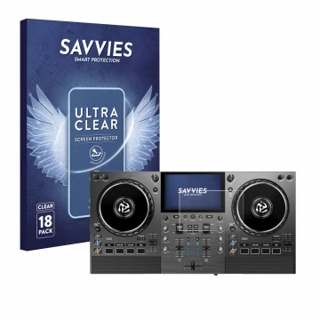 Vorderseite einer Produktverpackung mit dem Markenlogo Savvies. Daneben ist das Gerät Numark Mixstream Pro Go mit dem zugehöri