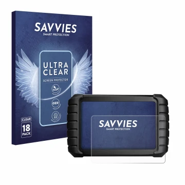 Vorderseite einer Produktverpackung mit dem Markenlogo Savvies. Daneben ist das Gerät iCarsoft CR Max BT (2024) mit dem zugehö