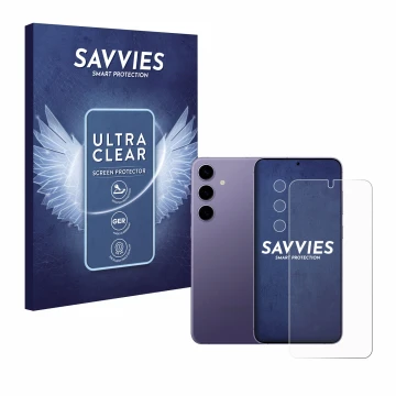 Vorderseite einer Produktverpackung mit dem Markenlogo Savvies. Daneben ist das Gerät Samsung Galaxy S24 (Display+Kamera) mit 