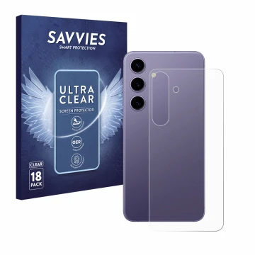 Vorderseite einer Produktverpackung mit dem Markenlogo Savvies. Daneben ist das Gerät Samsung Galaxy S24 (Rückseite) mit dem z
