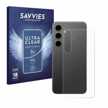 Vorderseite einer Produktverpackung mit dem Markenlogo Savvies. Daneben ist das Gerät Samsung Galaxy S24 Plus (Rückseite) mit 