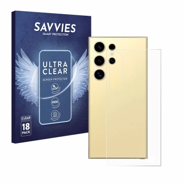 Vorderseite einer Produktverpackung mit dem Markenlogo Savvies. Daneben ist das Gerät Samsung Galaxy S24 Ultra (Rückseite) mit