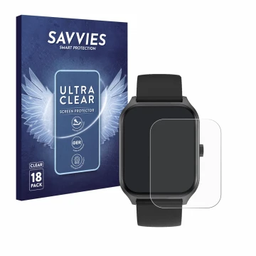 Vorderseite einer Produktverpackung mit dem Markenlogo Savvies. Daneben ist das Gerät Yuede Smartwatch 1.96