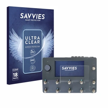 Vorderseite einer Produktverpackung mit dem Markenlogo Savvies. Daneben ist das Gerät Neural DSP Quad Cortex mit dem zugehörig