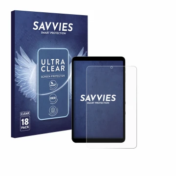Vorderseite einer Produktverpackung mit dem Markenlogo Savvies. Daneben ist das Gerät Alldocube iPlay 50 mini Pro mit dem zuge