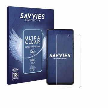 Vorderseite einer Produktverpackung mit dem Markenlogo Savvies. Daneben ist das Gerät Motorola Moto G24 mit dem zugehörigen Di