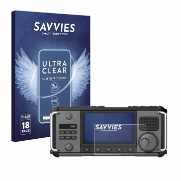 Vorderseite einer Produktverpackung mit dem Markenlogo Savvies. Daneben ist das Gerät Xiegu X6200 mit dem zugehörigen Displays