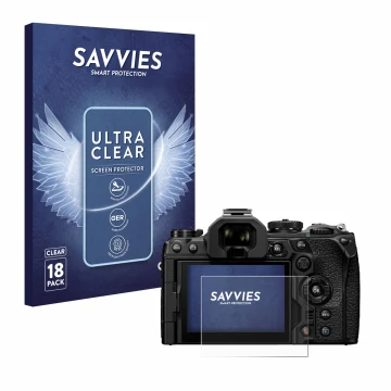 Vorderseite einer Produktverpackung mit dem Markenlogo Savvies. Daneben ist das Gerät Olympus OM System OM-1 Mark II mit dem z