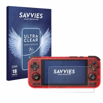Vorderseite einer Produktverpackung mit dem Markenlogo Savvies. Daneben ist das Gerät Retroid Pocket 4 Pro mit dem zugehörigen