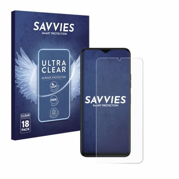 Vorderseite einer Produktverpackung mit dem Markenlogo Savvies. Daneben ist das Gerät Tecno Spark 10 5G mit dem zugehörigen Di