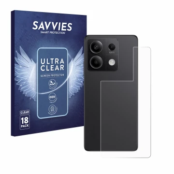 Vorderseite einer Produktverpackung mit dem Markenlogo Savvies. Daneben ist das Gerät Xiaomi Redmi Note 13 Pro 5G (Rückseite) 