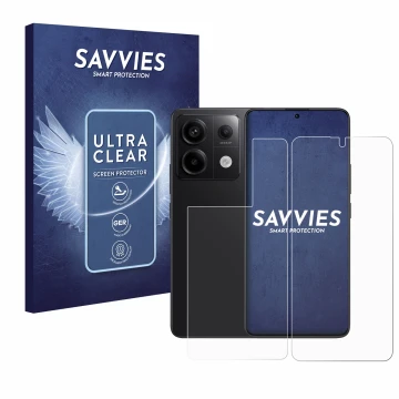 Vorderseite einer Produktverpackung mit dem Markenlogo Savvies. Daneben ist das Gerät Xiaomi Redmi Note 13 Pro 5G (Display+Rüc