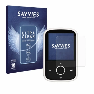 Vorderseite einer Produktverpackung mit dem Markenlogo Savvies. Daneben ist das Gerät Majority MP3 16GB mit dem zugehörigen Di
