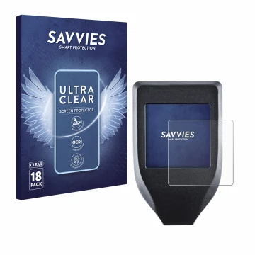 Vorderseite einer Produktverpackung mit dem Markenlogo Savvies. Daneben ist das Gerät Trezor Model T mit dem zugehörigen Displ