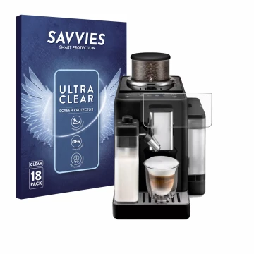 Vorderseite einer Produktverpackung mit dem Markenlogo Savvies. Daneben ist das Gerät DeLonghi Rivelia mit dem zugehörigen Dis